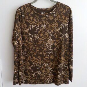 Falls Creek Womens Tee Shirt Top - Small Brown Tan Design Long Sleeve  (688)
